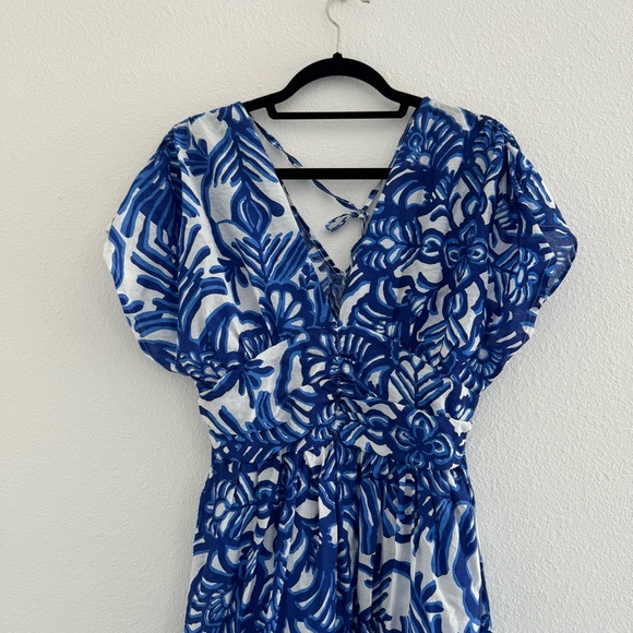 101 Idees Blue White Floral Print Maxi M/L Summer Beach V Neck Back Tie Dress - Picture 3 of 8